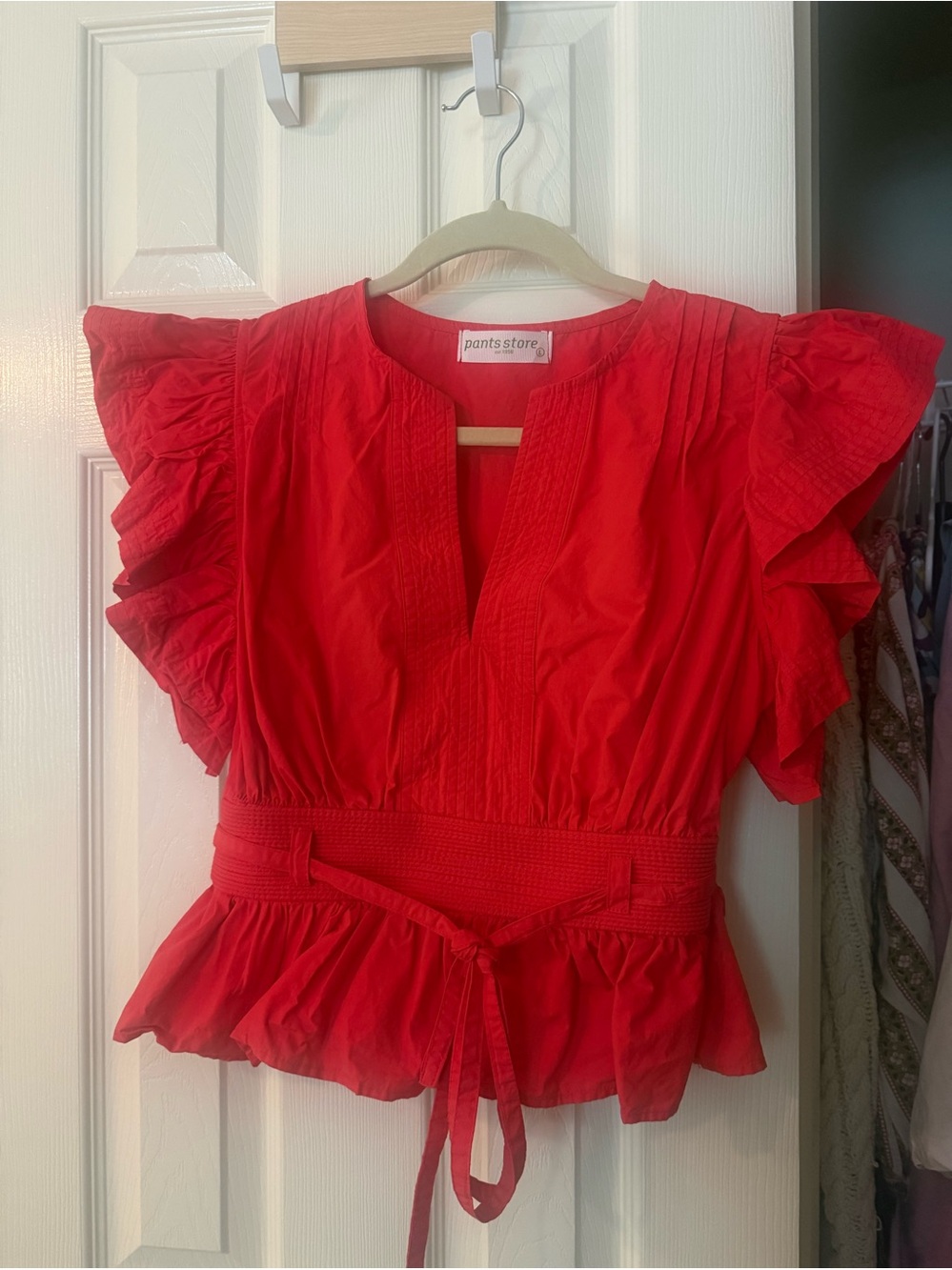 Red Ruffle Sleeve Peplum Top, Pants Store